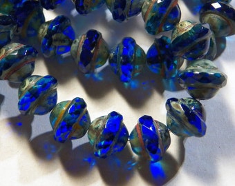 Czech Ocean Blue with Picasso 8x10mm Faceted Fire Polished Glass Saturn Beads (15) 0747