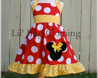 Custom Boutique Clothing Red and Yellow MInnie Mouse Halter Swing Dress