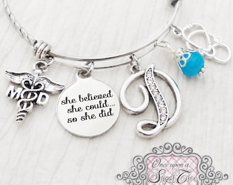 Doctor Gifts, MD Graduate, She Believed she could so she did, Md jewelry gifts, Bangle Bracelet-Jewelry,College Grad Gift, Gift, Stethoscope