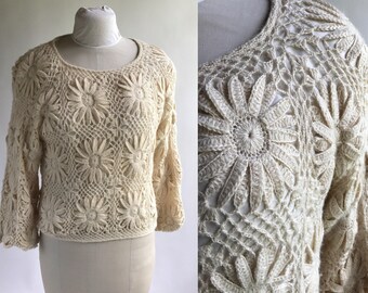 Vintage Alpaca Wool Crochet Flower Sweater Size Small