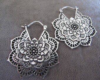 Brass Earrings, Mandala Flower Earrings, Hoop Earings, Brass Tribal Earrings, Tribal Earrings , Earrings, belly dance