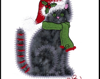 Christmas Calico Cat applique machine embroidery design. Instant download available. Hoop size must be 5” X 5.25” or larger.