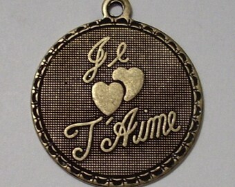 Je T Aime Oxidized Brass Charm or Pendant 19mm