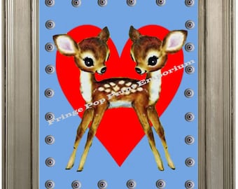 Siamese Twins Deer Sideshow Art Print 8 x 10 - Whimsical Kawaii - Hearts