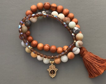 amazonite brown stack mala bracelets with hamsa and tassel, bracelet set, yoga jewelry, yoga bracelet, tassel bracelet, hamsa bracelet,