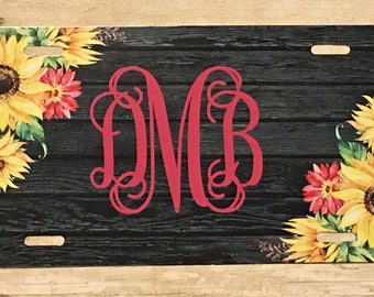 Personalized Floral Sunflower and Rustic Wood Design License Plate Monogrammed License Plate