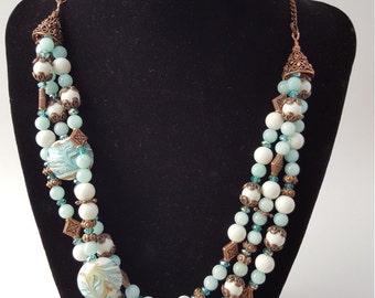 16005 Lamp Work, Agate, Czech Crystal and Antiqued Copper Necklace