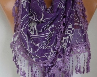 Purple Embroidered Scarf,Fall Winter Accessories, Cotton, Cowl Scarf, Gift Ideas For Her, Women Fashion Accessories Scarves,Christmas
