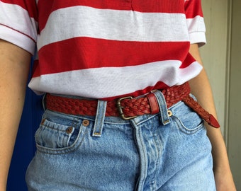 Vintage Red Braided Leather Belt, Small Medium Red Leather Belt
