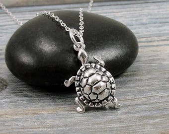 Turtle Necklace, Sterling Silver Turtle Charm on a Silver Cable Chain