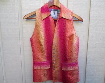 Todd Oldham 7 Times Seven Silk Vest, Orange and Pink Silk, Cotton Patchwork, 1980's, free usa shipping