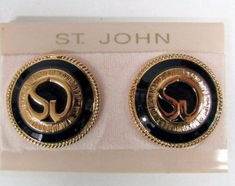 NEW St. John Knits Vintage Clip-On Earrings 80'S Gold/Black Enamel Logo Round