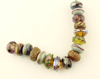 Lampwork Beads Set Organic, Green, Brown, Blue, Purple, Burgundy