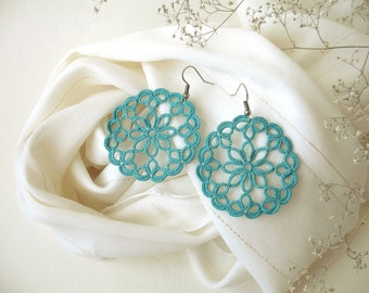 Big round filigree earrings Large teal lace earrings Tatted lace jewelry Boho Hippie mandala jewelry Turquoise lightweight statement jewelry