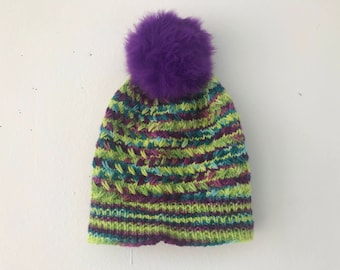 Lime green and purple wacky hat with purple floof