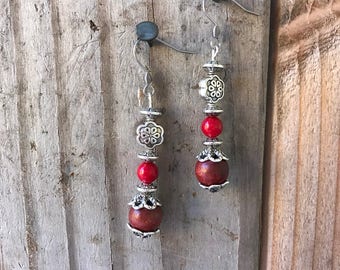 Red bead and wood Earrings