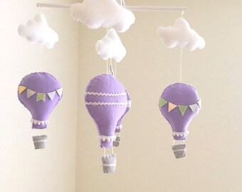 Lavender hot air balloon baby mobile, metallic gold and silver mobile, baby mobile, lavender mobile, nursery crib mobile, nursery decor
