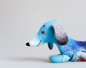 Felt Toy kids gift Dachshund - Hubert Waldorf Felted dog Art Toy Puppet Dog Plush Marionette Stuffed Toy. blue turquoise. MADE TO ORDER.