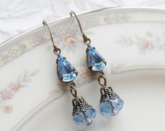 50% Off Price Sale, Swarovski Crystal, Czech Glass Bead, Antique Brass, Blue, Filigree