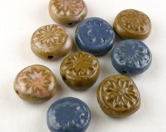 Daisy Tablet Beads, Flower Beads, Bead Set, Brown Beads, Blue Beads, Daisy Beads, Ceramic Beads, stoneware beads, pottery beads, beads