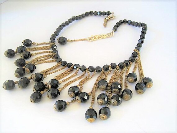 Black Jet Bead Necklace, Drippy Mad Men, Glass Beads, Boho Style, Gold Tone Metal