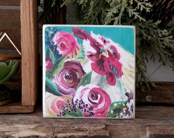 Floral rooster - mini PRINT of original painting on WOOD - farmhouse decor