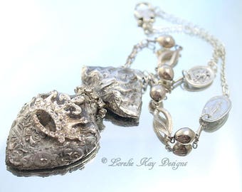 Milagros Soldered Necklace Sacred Heart Religious Medal Assemblage Necklace Lorelie Kay Designs