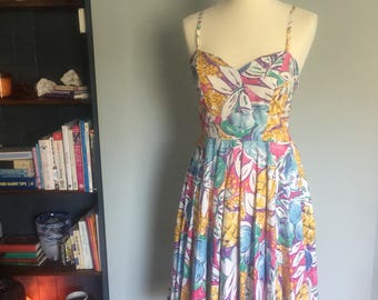 Beautiful bold pattern summer dress flowers fruit colour pineapples! Sweetheart neckline spaghetti straps pleats wedding