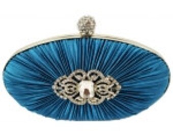 Teal vintage crystal oval satin evening clutch bag