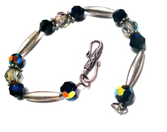 AB Black Crystals Austrian Faceted Glass Silver Mid Eastern Bracelet Designer Luxurious Bohemian Authentic Vintage Jewelry artedellamoda