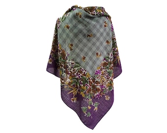Authentic! Christian Dior floral 100% wool lightweight winter scarf in purple green.Vintage women's oversize square shawl.LaZLeP P711A127
