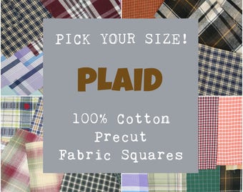 Plaid Precut Fabric Squares, 100% Cotton Fabric, Pick Your Size, 10 Quilt Squares