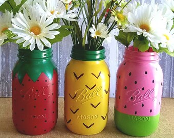 Summer Fruit Set, set of 3 quart size jars. One strawberry, one pineapple and one watermelon. (Left to right)