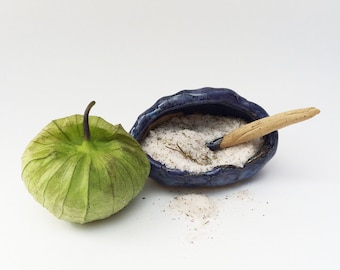 Rustic Salt Pig with Spoon, Primitive Small Wrinkled Pottery Bowl. Hobbit Tableware, Salt Cellar, purple