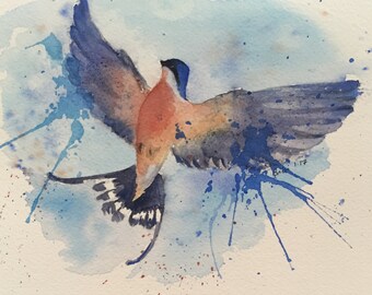 Watercolour painting, Flying Swallow bird