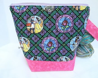 Zipper Project Bag, Beauty & the Beast Stained Glass Large Size,Shawl to Sweater Wedge, Tote Bag, Ready to Ship