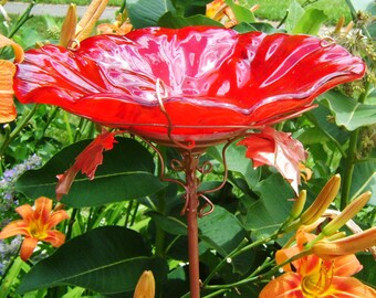 GARDEN Gift, Bird Bath, 8" diameter, Stained Glass, RED, Copper Art, Garden Art, Bird Feeder, Outdoor Home and Living