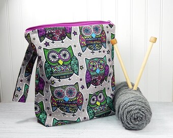 Owl knitting bag, crochet project bag, knitters gift, knitting zipper pouch, gift for knitter, Christmas gift, work in progress