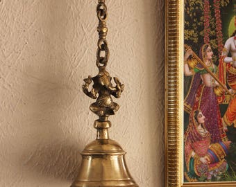 Temple Bell With Lord Ganesha On A Chain, 56 cm Length, Brass Bell, Temple Bell, Religious Decor, Handcrafted Elephant Bell