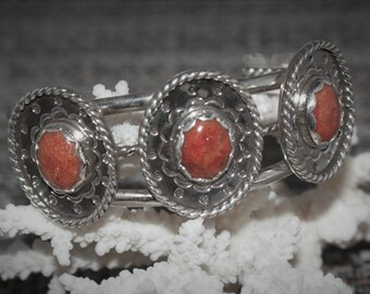 Apple Coral Sterling Silver 3 Concho Cuff Bracelet by Susan