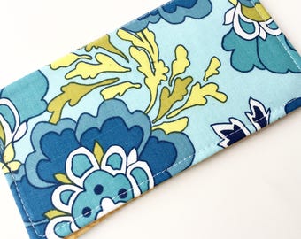 Fabric Checkbook Cover, Checkbook Holder, Checkbook Wallet, Coupon Holder, Organizer, Cute Checkbook- Turquoise Yellow Floral Polka Dots