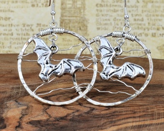 Flying Bat Earrings, Handmade Earrings, Textured Wire Earrings, Hoop Earrings with Bats