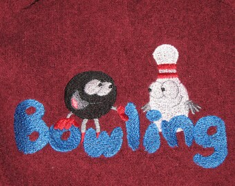 Crochet Hanging Towel, "Bowling", pin and ball, Burgundy towel, burgundy top