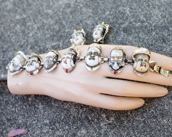 SEVEN LUCKY GODS by Ebine of Japan, 1950's bracelet and matching earrings, vintage asian jewelry set