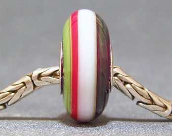 Red, White & Green Handmade Stripe Lampwork Glass Bead Euro Charm Christmas Ribbons II