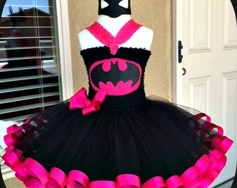 Batgirl Tutu Dress (Crochet top,Ribbon Trim), use as a costume or a Birthday celebratiion