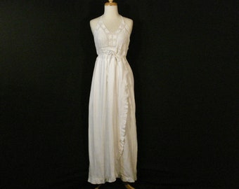 White Cotton Crochet Long Dress Backless Vintage Venus Ruffled Gauze Maxi Dress M