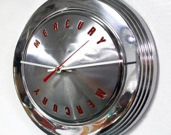 Mercury Wall Clock - 1962 1963 Mercury Meteor Hub Cap Clock - Mercury Comet Hubcap - Retro Recycled Industrial Home Decor - Mens Gift