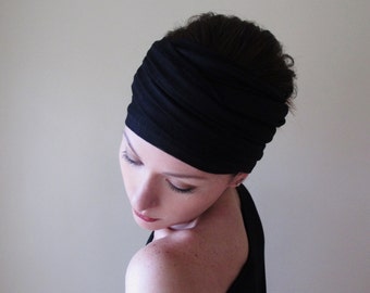 BLACK Jersey Head Scarf, Extra Wide Yoga Headband, Boho Headband, Boho Head Scarf, Extra Wide Headbands for Women, Black Turban Headband