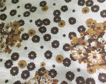 Vintage pair of brown & white floral curtains, retro 1960s 1970s design 62" x 48"